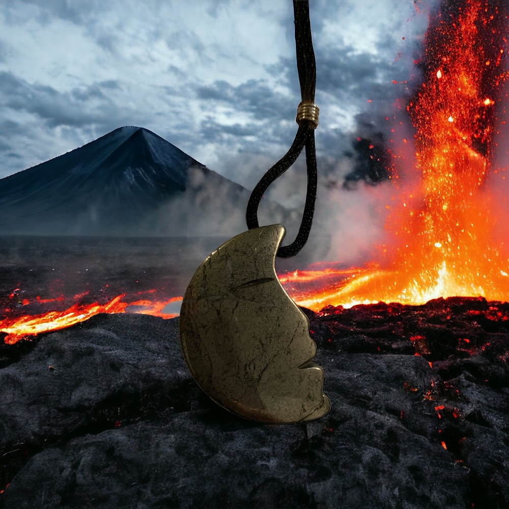 Pyrite carved moon pendant. Financial success is coming your way.